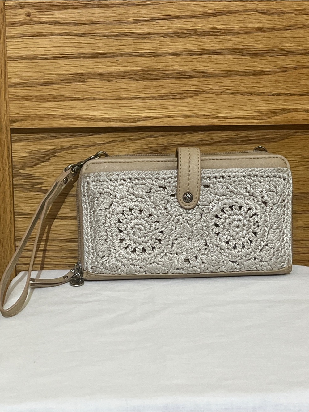 The Sak Beige Crochet Wristlet Clutch